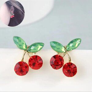 NEW Cherry Rhinestone Stud Earrings Novelty Sparkle